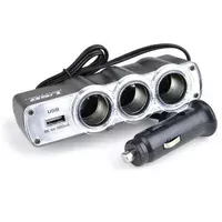 АЗУ тройник + USB 1A черный