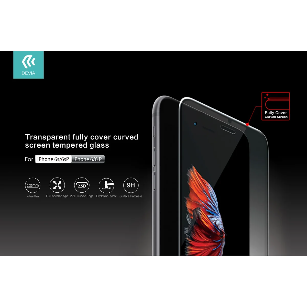 Защитное стекло Full Cover "Devia" прозрачное для iPhone 6/6S