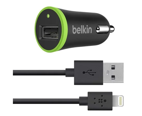 Автомобильная зарядка АЗУ "Belkin" 2.1A черная + Lightning кабель