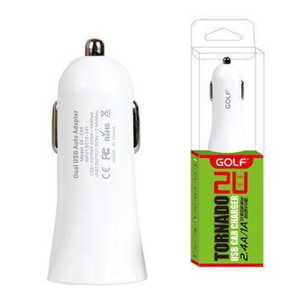 Автомобильная зарядка АЗУ "GOLF" 2.4A/1A белая на 2 USB порта