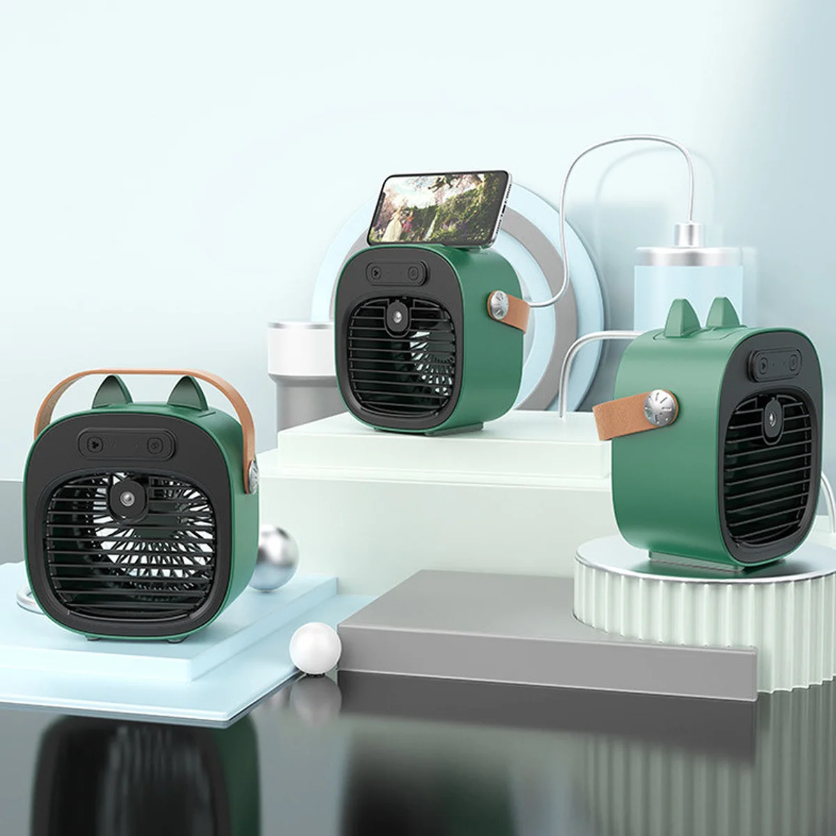 Настольный вентилятор F12 с подставкой для телефона и водяным охлаждением 4000mAh Green
