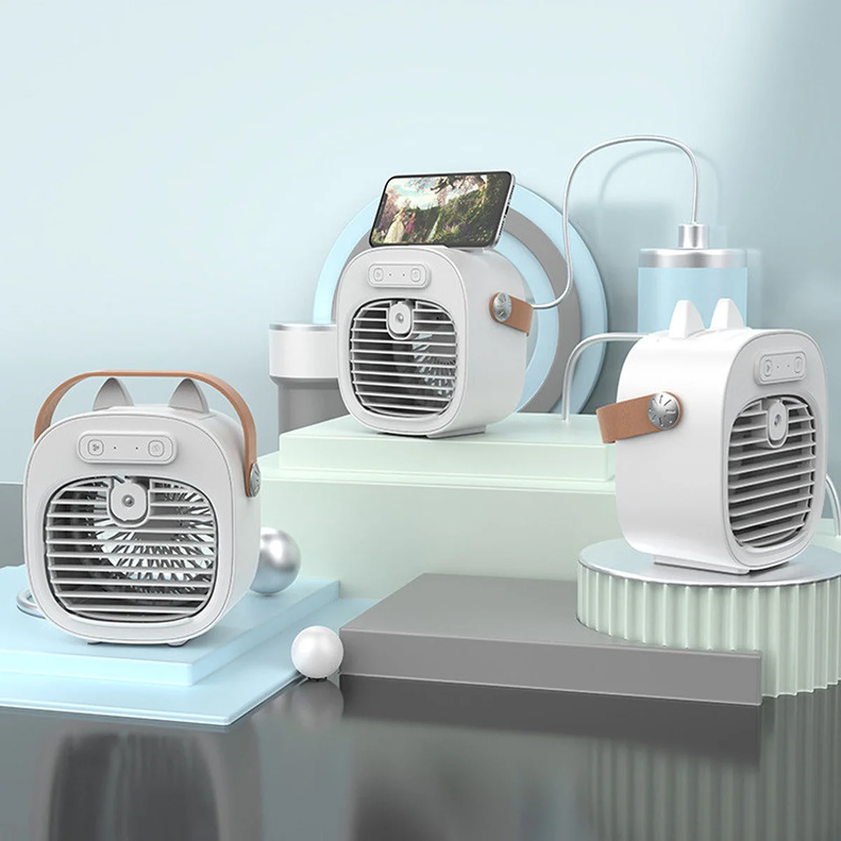 Настольный вентилятор F12 с подставкой для телефона и водяным охлаждением 4000mAh White