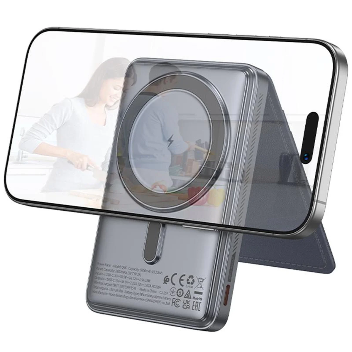 Портативное ЗУ Power Bank Hoco Q46 Title PD20W с БЗУ+card holder 5000 mAh Silver gray