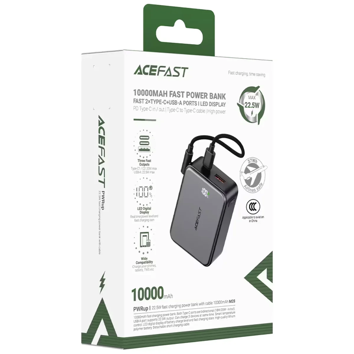 Портативное ЗУ Power Bank Acefast M28 22.5W with cable 10000 mAh Black
