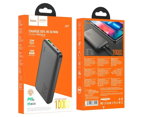 Портативное зарядное устройство Power Bank Hoco J87 Tacker PD20W+QC3.0 10000 mAh Черный