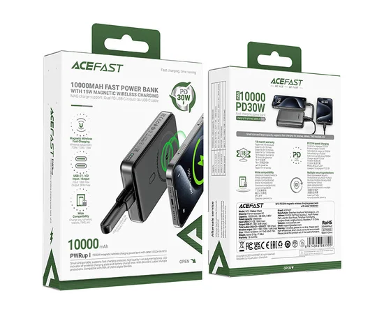 Портативное ЗУ Power Bank Acefast M10 PD30W с БЗУ 10000 mAh Black
