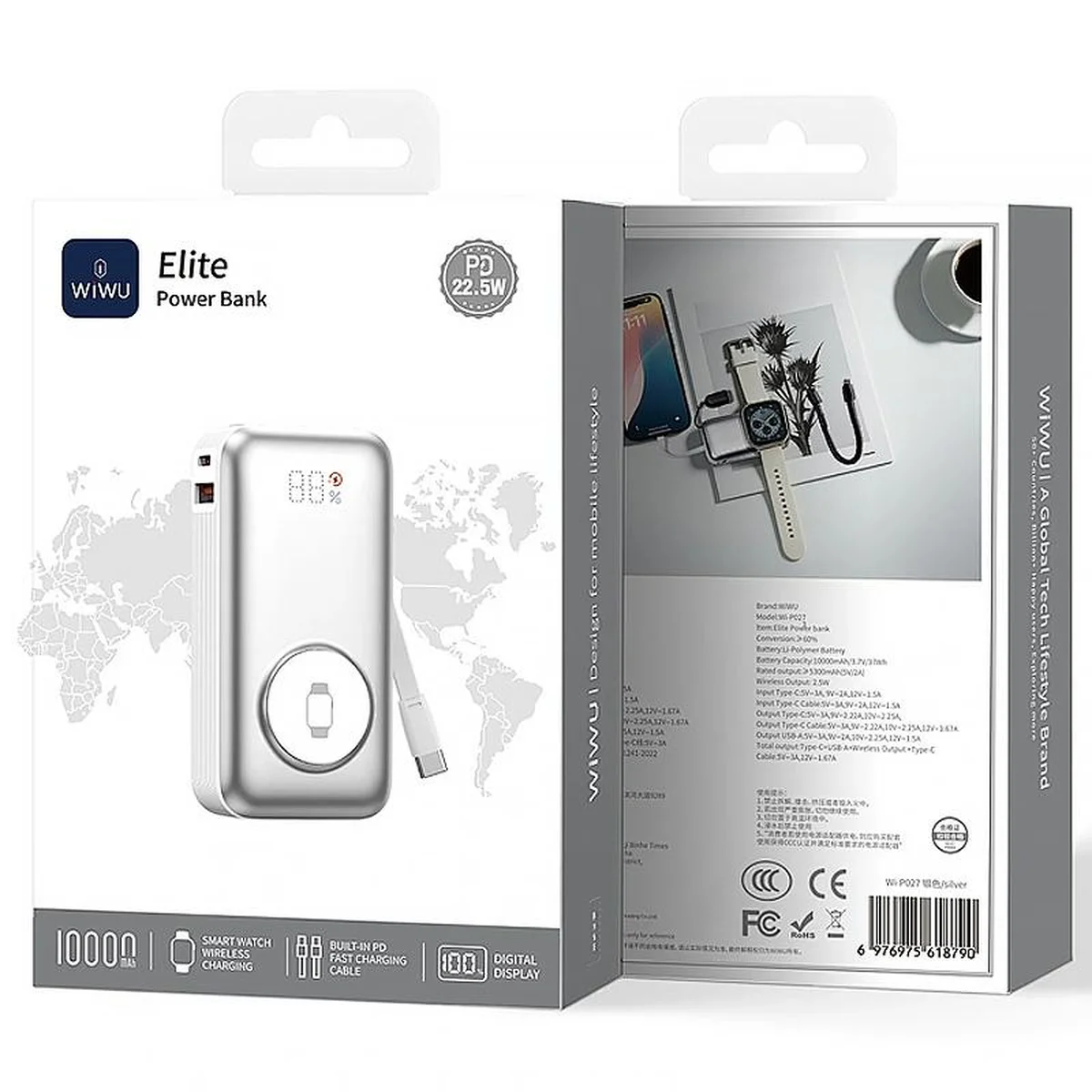 Портативное ЗУ Power Bank WIWU Wi-P027 Elite 22.5W with cable 10000 mAh Silver