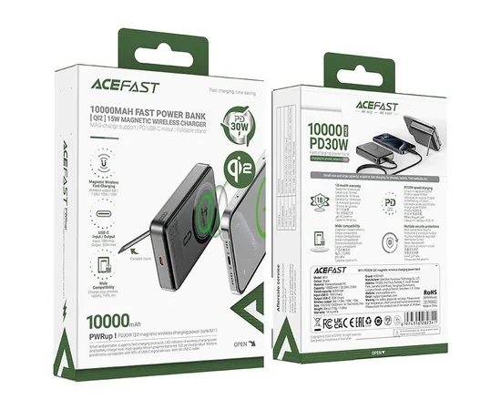 Портативное ЗУ Power Bank Acefast M11 30W Qi2 с БЗУ 10000 mAh Black