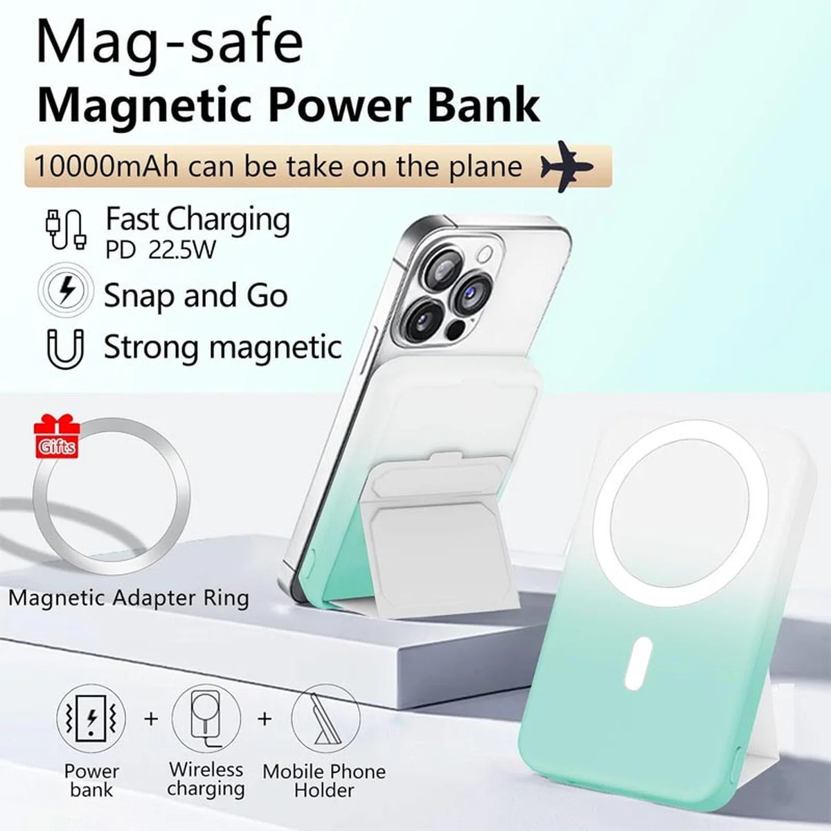 Портативное зарядное устройство Power Bank JJT-A27-1 Gradient PD20W+QC 22.5W с БЗУ 10000 mAh White / Green