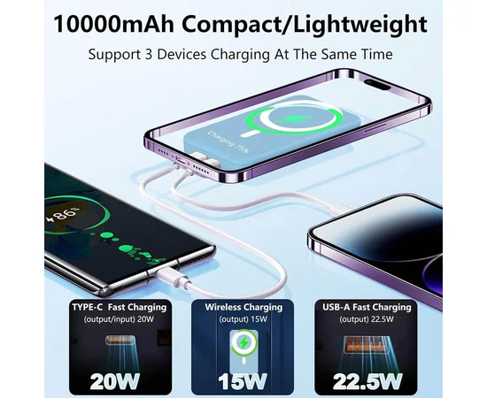 Портативное зарядное устройство Power Bank JJT-A27-1 PD20W+QC 22.5W с БЗУ 10000 mAh Light blue