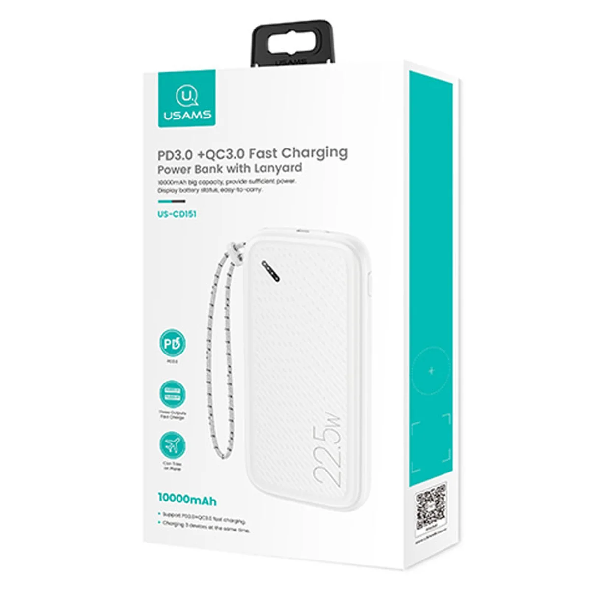 Портативное зарядное устройство Power bank Usams US-CD151 PB56 with Lanyard PD3.0 + QC3.0 10000mAh Белый