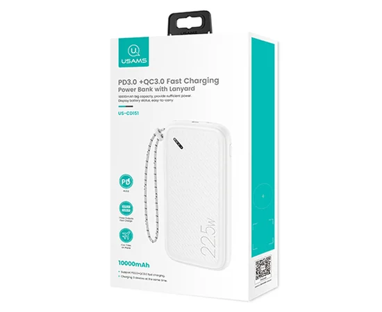 Портативное зарядное устройство Power bank Usams US-CD151 PB56 with Lanyard PD3.0 + QC3.0 10000mAh Белый
