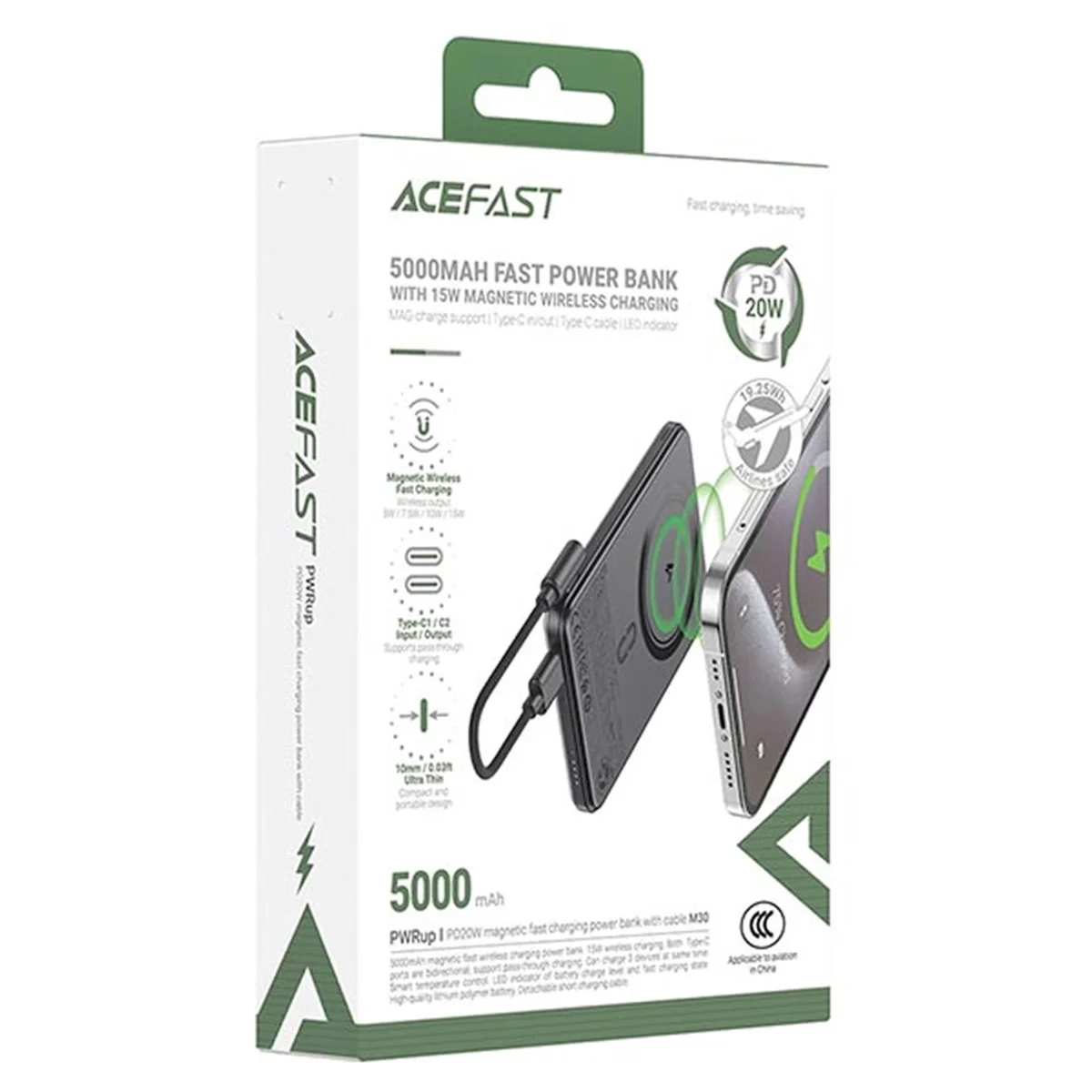 Портативное ЗУ Power Bank Acefast M30 PD20W с БЗУ with cable 5000 mAh Black