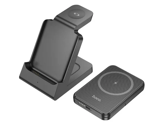 Портативное ЗУ Power Bank + зарядная станция Hoco J149 Victory 3in1 magnetic с БЗУ 5000 mAh Black