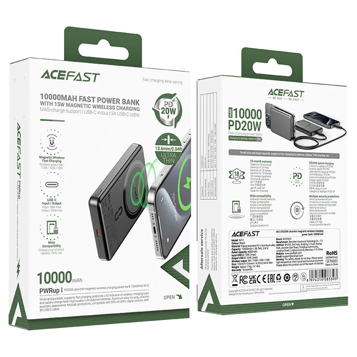 Портативное ЗУ Power Bank Acefast M12 PD20W с БЗУ 10000 mAh Black