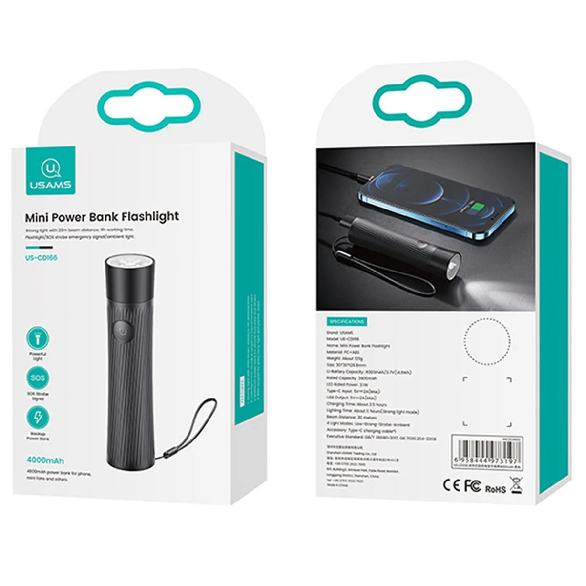 Портативное зарядное устройство USAMS US-CD166 Mini +  LED фонарик 4000mAh Черный