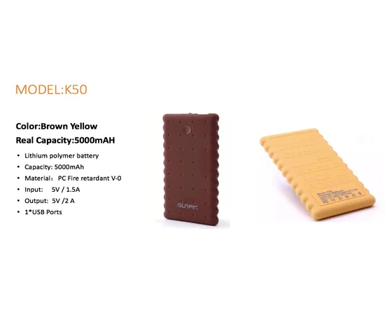 Портативное зарядное устройство SunPin K50 "Печенье" с фонариком (5000 mAh 1 USB 2A) Желтый
