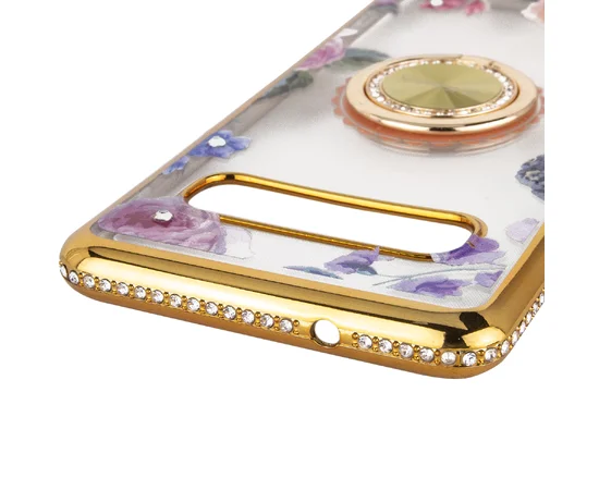 TPU чехол Shengo со стразами и кольцом-держателем для Samsung Galaxy S10+ Золотой