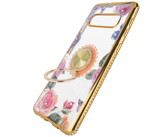 TPU чехол Shengo со стразами и кольцом-держателем для Samsung Galaxy S10+ Золотой