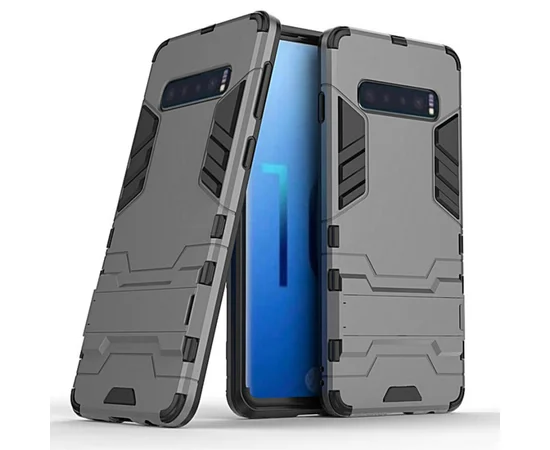 Ударопрочный чехол-подставка Transformer для Samsung Galaxy S10+ с мощной защитой корпуса Металл / Gun Metal