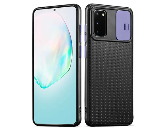 Чехол Camshield Black TPU со шторкой защищающей камеру для Samsung Galaxy S20 Черный / Сиреневый