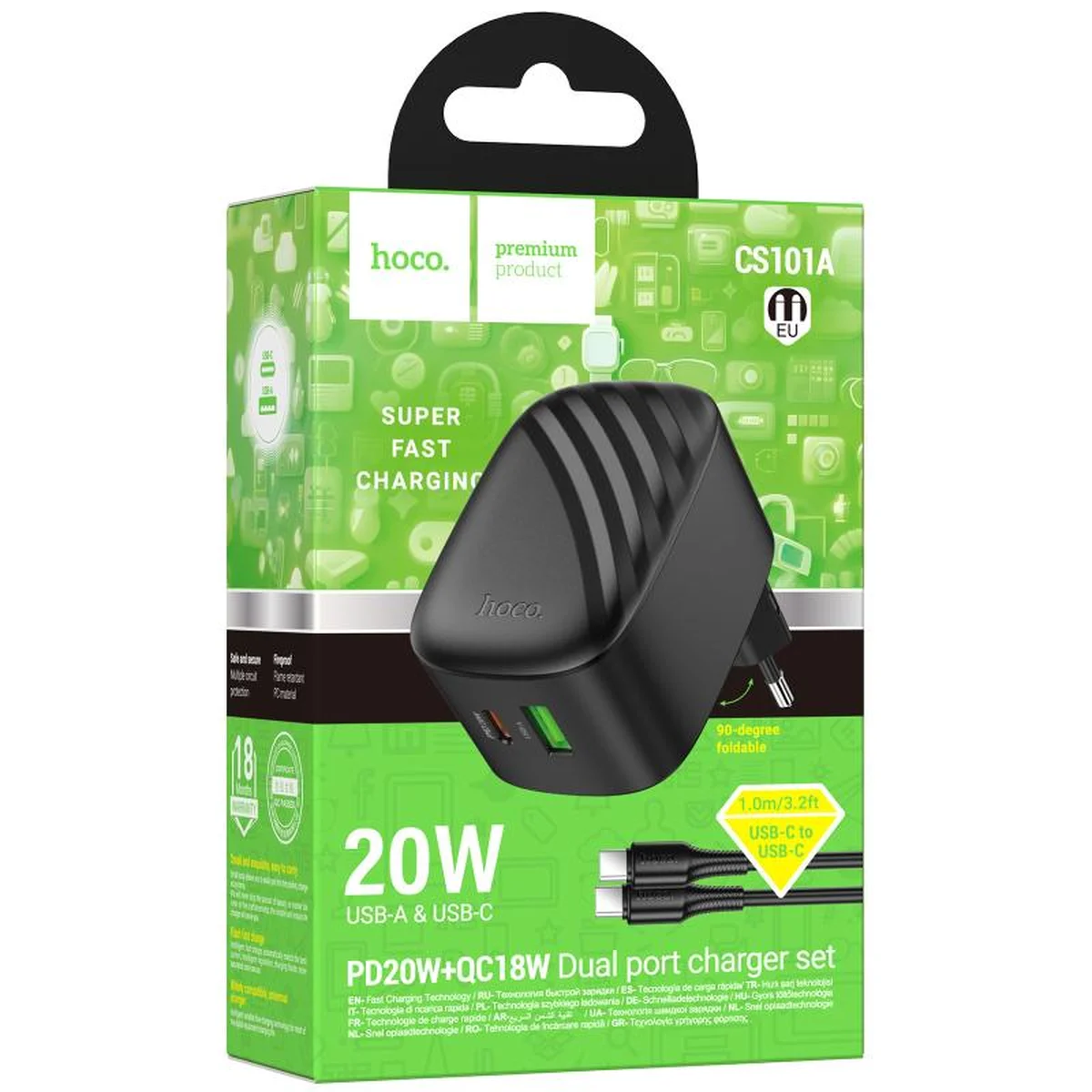 СЗУ Hoco CS101A Folding PD20W+QC3.0 (1USB-A/1C) + кабель Type-C to Type-C Black
