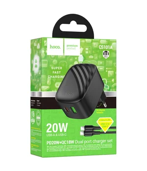 СЗУ Hoco CS101A Folding PD20W+QC3.0 (1USB-A/1C) + кабель Type-C to Type-C Black