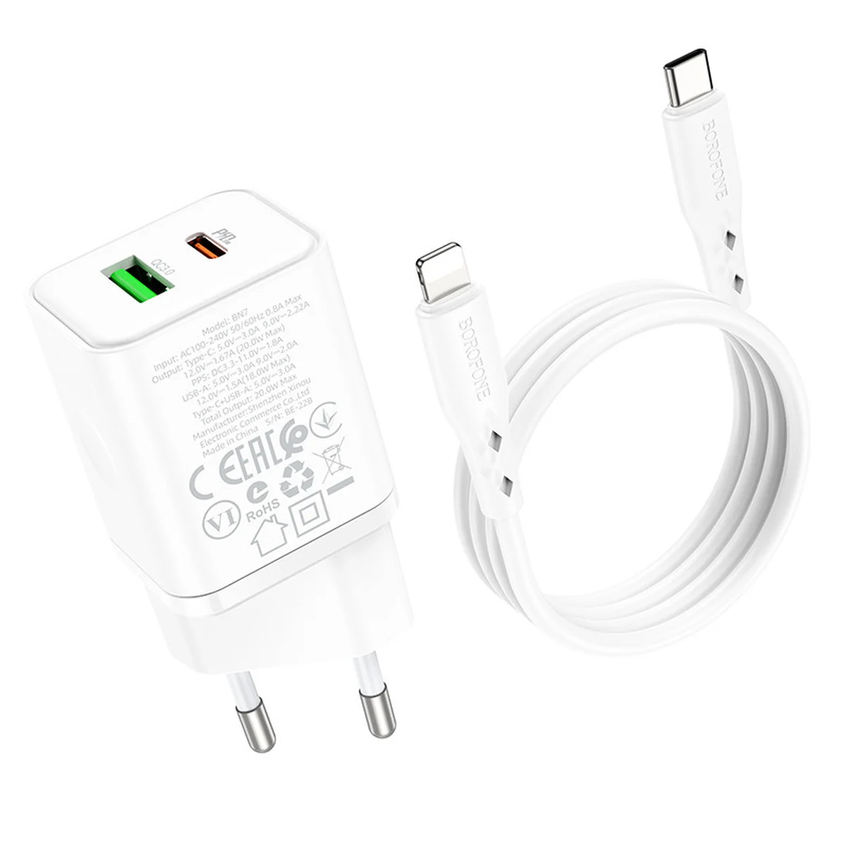 СЗУ Borofone BN7 PD20W+QC3.0 (1USB-A/1C) + Type-C to Lightning White
