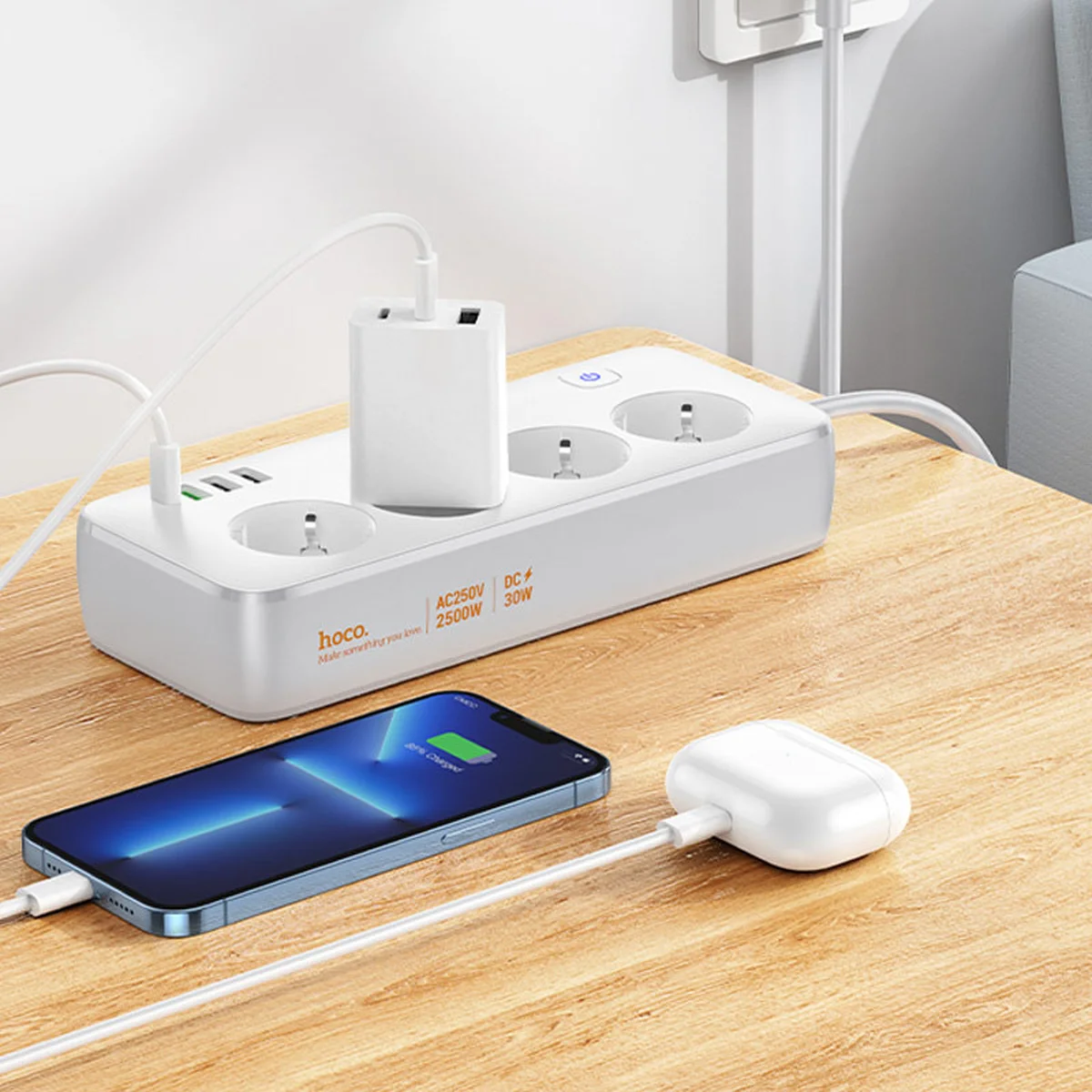 Удлинитель Hoco AC22 Sunlight (PD30W/1C/3A/4xSocket) (1.5m) White