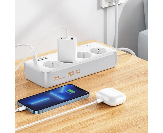 Подовжувач Hoco AC22 Sunlight (PD30W/1C/3A/4xSocket) (1.5m) White