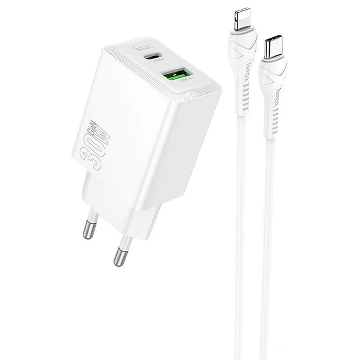 СЗУ Hoco N71 Nuevo PD30W+QC3.0 (1USB-A/1C) + кабель Type-C to Lightning White