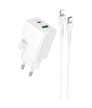 СЗУ Hoco N71 Nuevo PD30W+QC3.0 (1USB-A/1C) + кабель Type-C to Lightning White