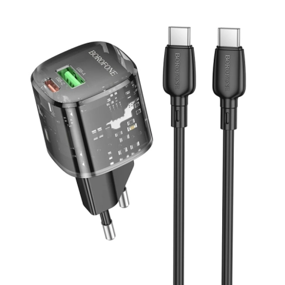 СЗУ Borofone BN17 Sunlight PD20W+QC3.0 (1USB-A/1C) + кабель Type-C to Type-C Transparent black