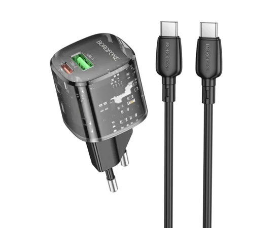 СЗУ Borofone BN17 Sunlight PD20W+QC3.0 (1USB-A/1C) + кабель Type-C to Type-C Transparent black