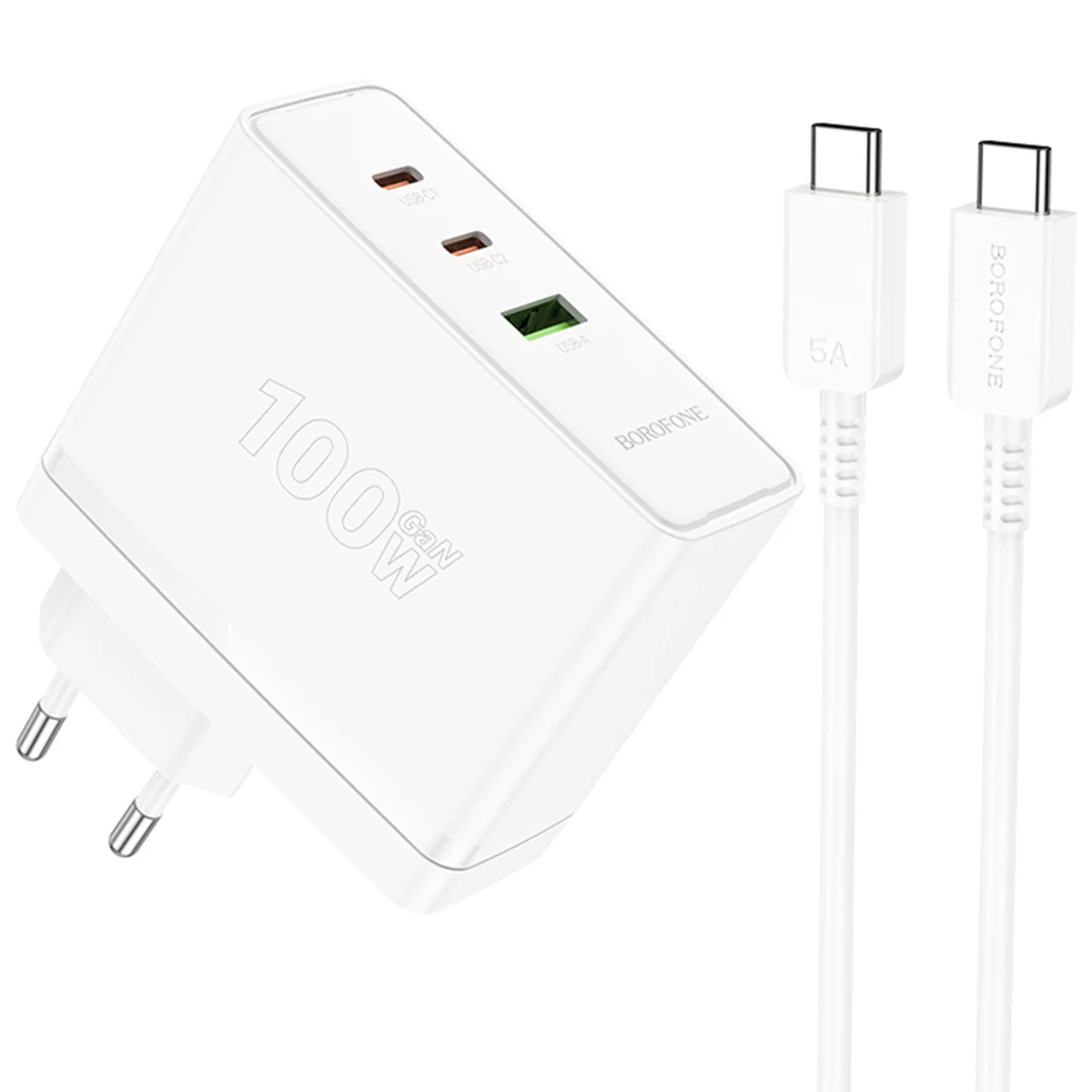 СЗУ Borofone BN11 Imperial PD100W+QC3.0 (1USB-A/2C) + кабель Type-C to Type-C White