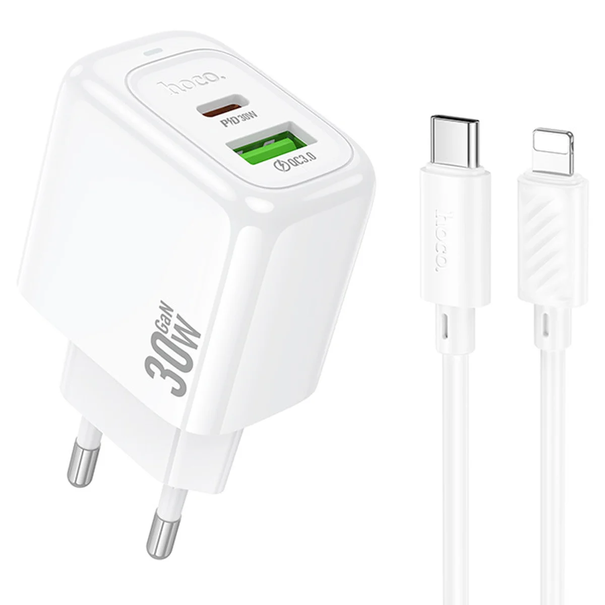 СЗУ Hoco CS55A Surplus PD30W+QC3.0 (1USB-A/1C) + кабель Type-C to Lightning White
