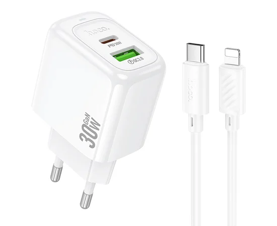 СЗУ Hoco CS55A Surplus PD30W+QC3.0 (1USB-A/1C) + кабель Type-C to Lightning White