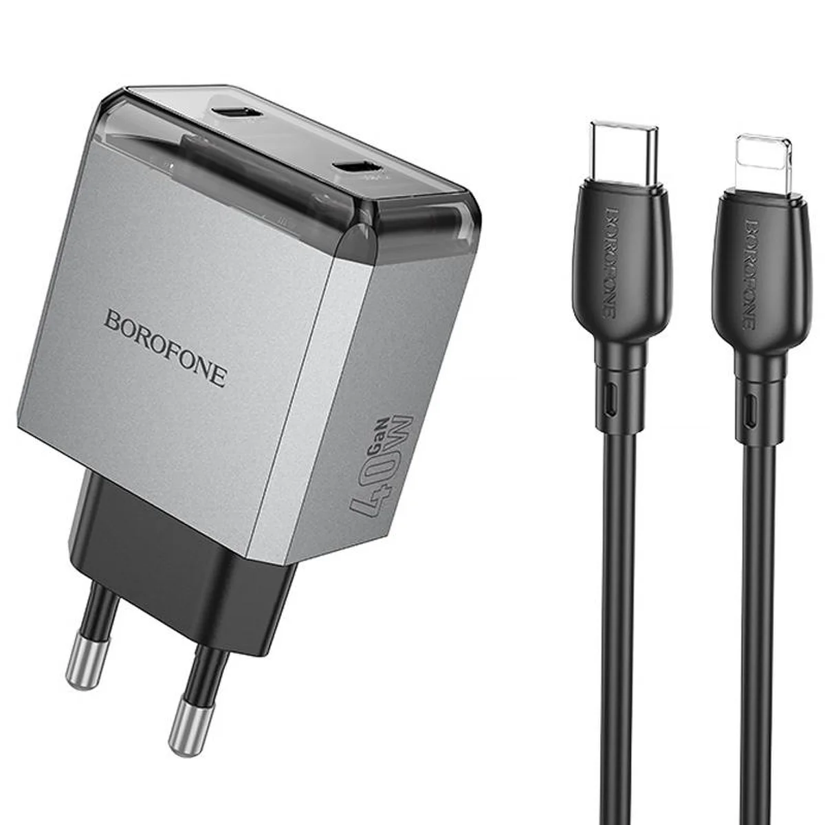 СЗУ Borofone BN21 Lena PD40W+QC3.0 (2USB-C) + кабель Type-C to Lightning Metal gray