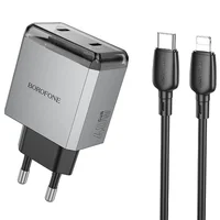 СЗУ Borofone BN21 Lena PD40W+QC3.0 (2USB-C) + кабель Type-C to Lightning Metal gray