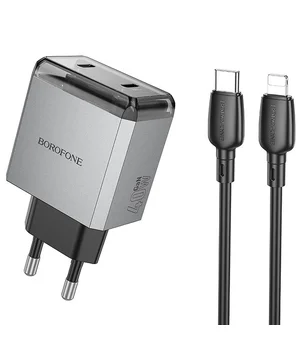 СЗУ Borofone BN21 Lena PD40W+QC3.0 (2USB-C) + кабель Type-C to Lightning Metal gray