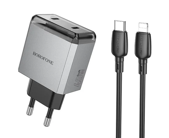СЗУ Borofone BN21 Lena PD40W+QC3.0 (2USB-C) + кабель Type-C to Lightning Metal gray