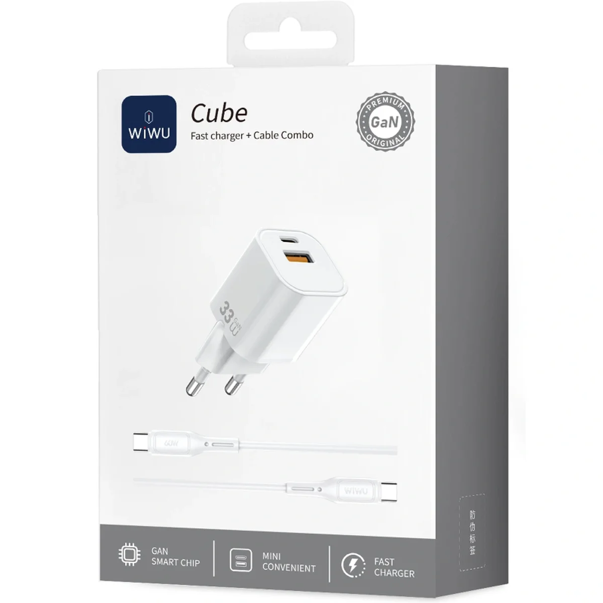 СЗУ WIWU G018 Cube PD33W+QC3.0 GaN (1USB-A/1C) + кабель Type-C to Lightning White