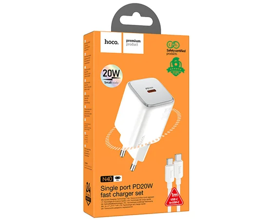 СЗУ Hoco N40 Mighty 1C PD20W + Type to Type-C White