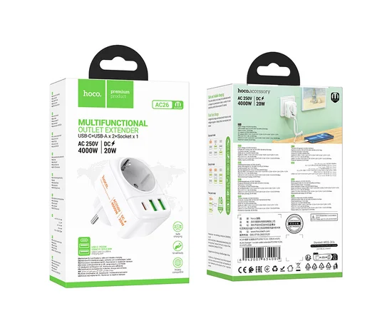 СЗУ Hoco AC26 Changer Outlet Extender 20W (2USB-A/1C/1Socket) White