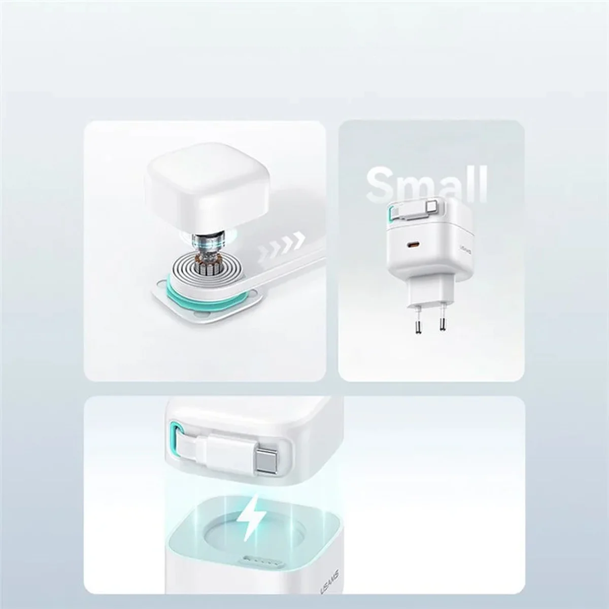 СЗУ Usams US-CC202 GaN With Type-C Magnetic Retractable Cable Module XMF Ser. 35W (2USB-C) White