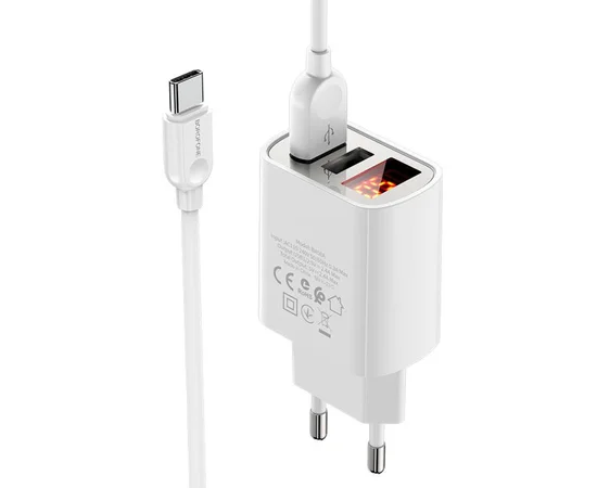 СЗУ Borofone BA58A with digital display 2.4A (2USB-A) + кабель USB для Type-C White