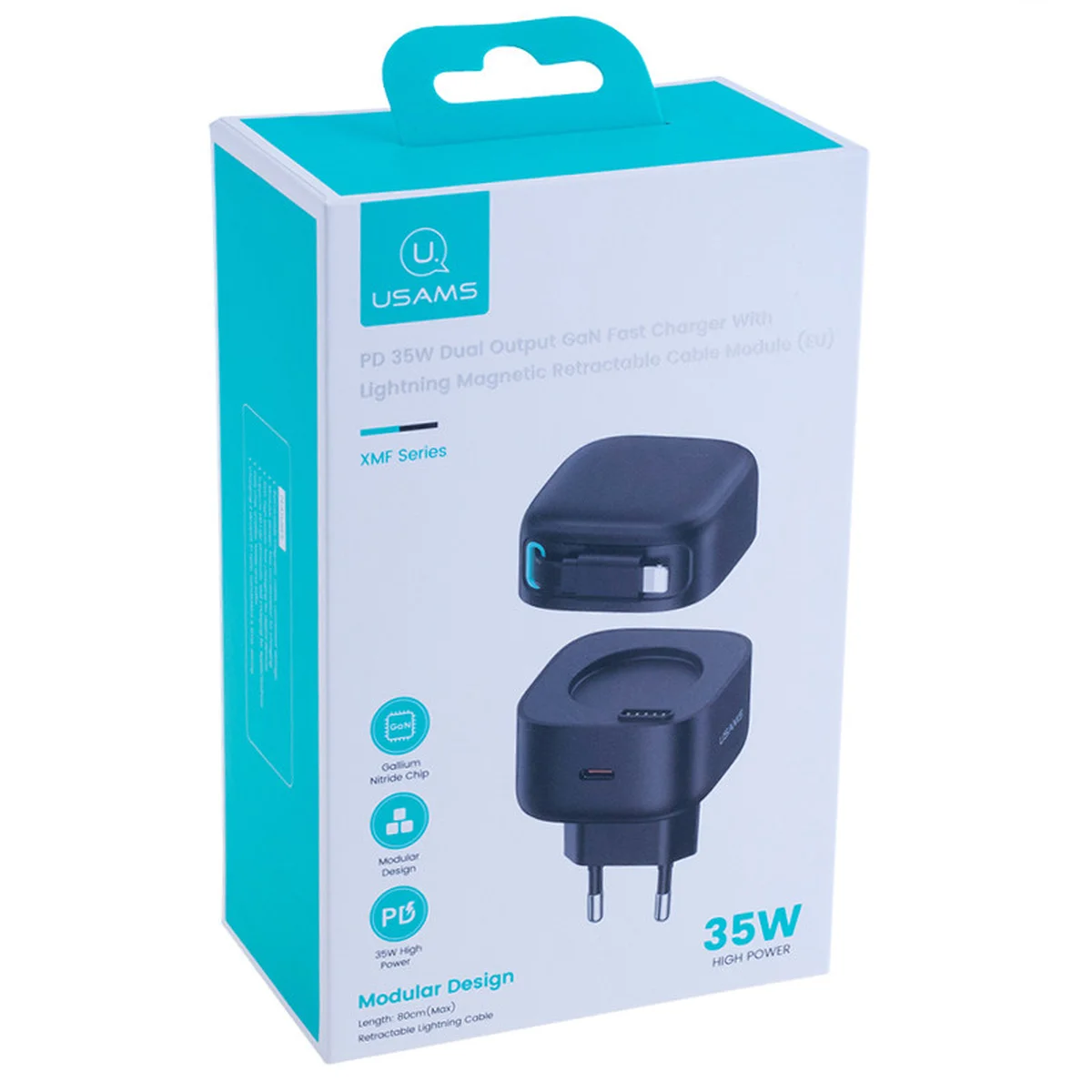 СЗУ Usams US-CC209 GaN With Lightning Magnetic Retractable Cable Module XMF Ser. 35W (2USB-C) Black