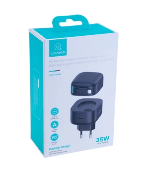 СЗУ Usams US-CC209 GaN With Lightning Magnetic Retractable Cable Module XMF 35W (2USB-C) Black