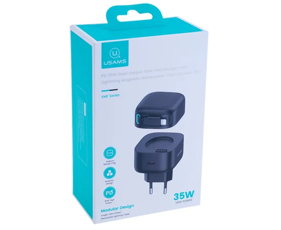 СЗУ Usams US-CC209 GaN With Lightning Magnetic Retractable Cable Module XMF 35W (2USB-C) Black