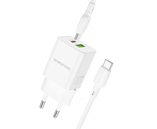 СЗУ Borofone BN14 Royal PD30W+QC3.0 (1USB-A/1C) + кабель Type-C to Type-C White